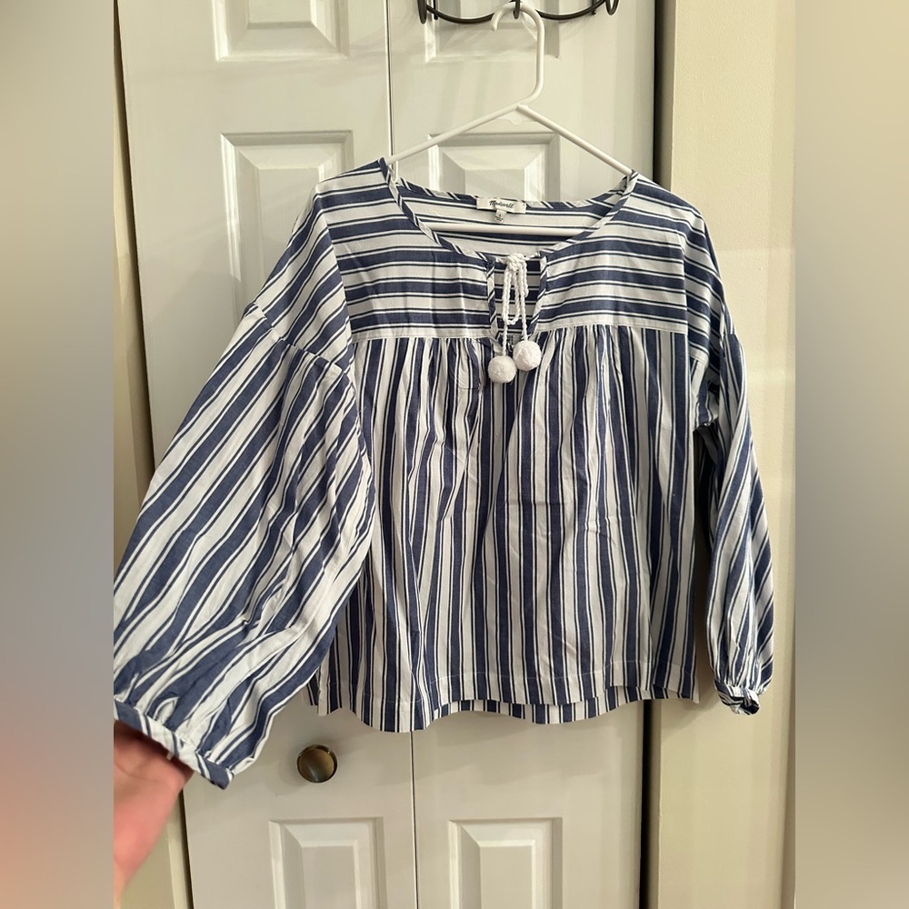 Madewell 100% Cotton Striped Pom-Pom Tassel Blouse - Size L. - Picture 4 of 10